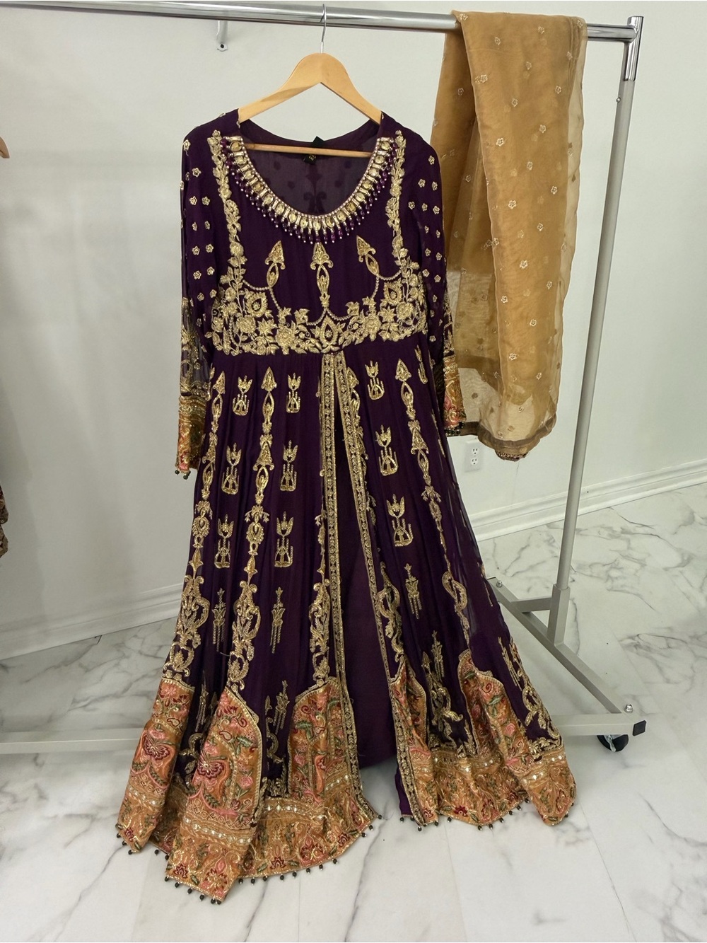 Embellished Purple Anarkali Dress with Gold Detailing